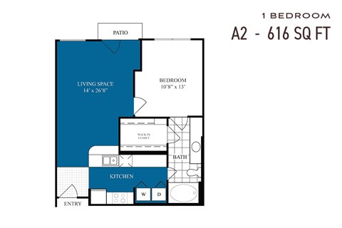 Floor plan for 1 bed, 1 bath, 616 sqft
